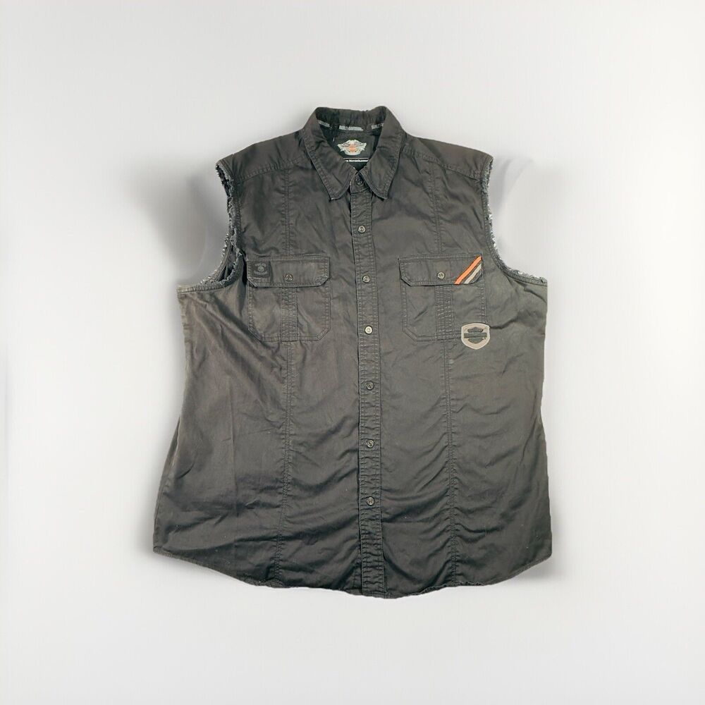 Harley Davidson Shirt Mens Size 2XL Black Pockets Biker Tank Cut Off Distressed
